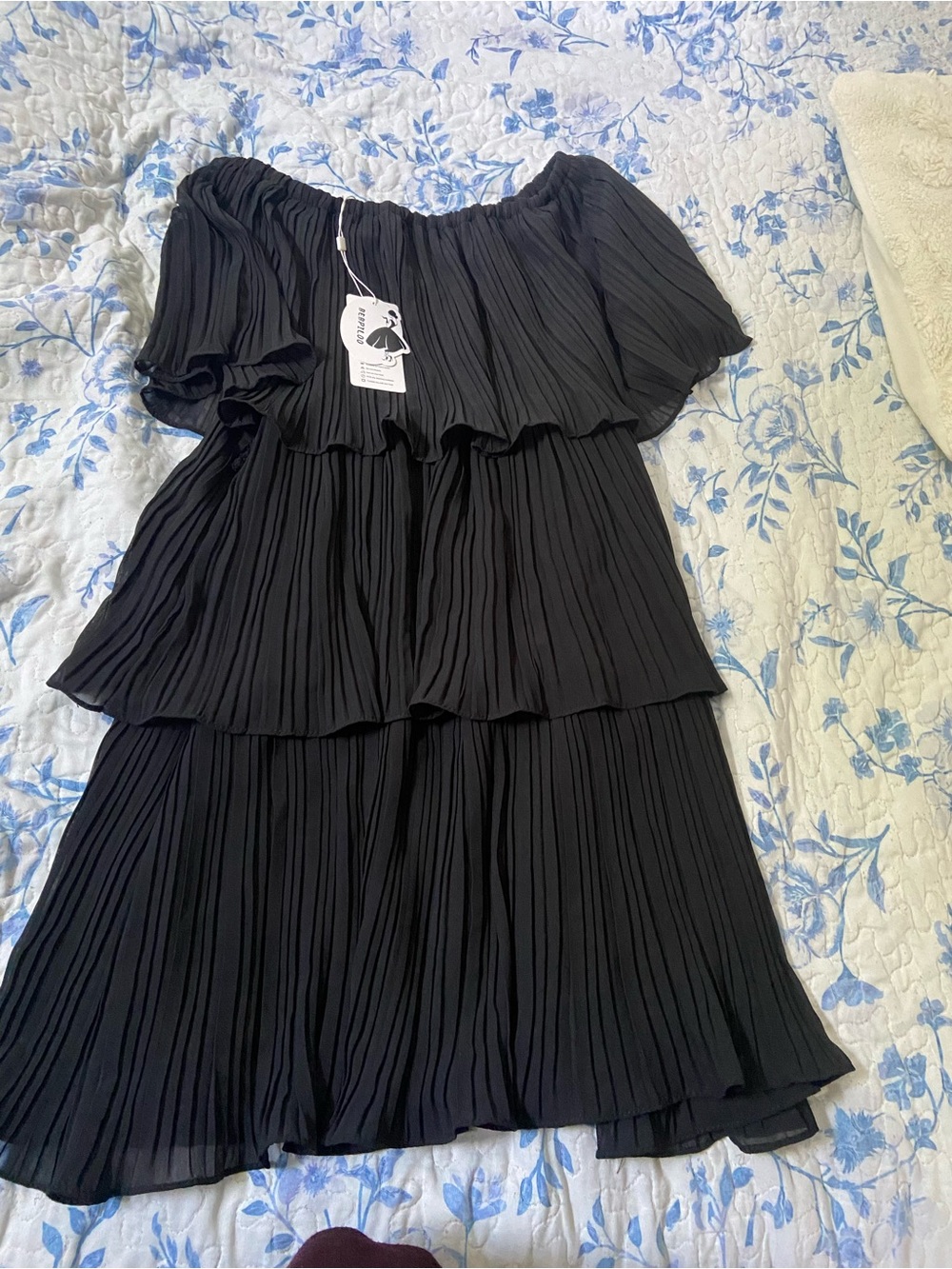 Off-Shoulder Black Pleated Tiered Dress